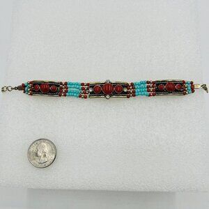Ethnic Tibet Bracelet Faux Coral Faux Turquoise Gemstone Beaded Panels Gold